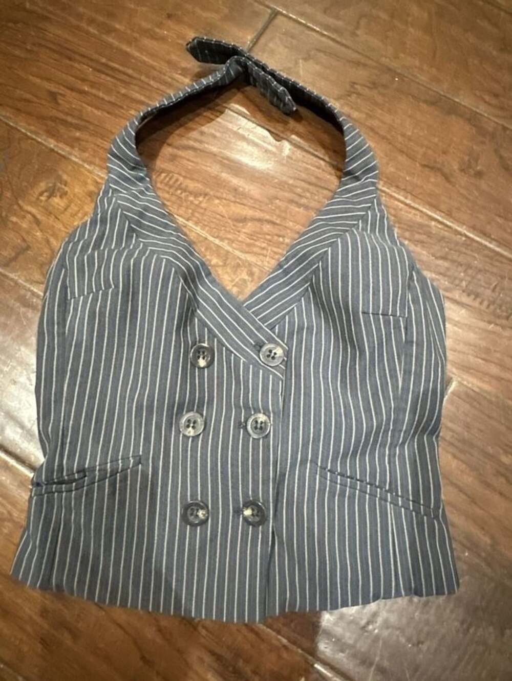 Guess Jeans Pinstripe Halter Top Blue Stretch Y2K